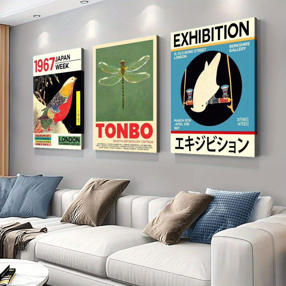 Japanese Vintage Wall Art – 3-Piece Wrapped Canvas Set with Wooden Frame
