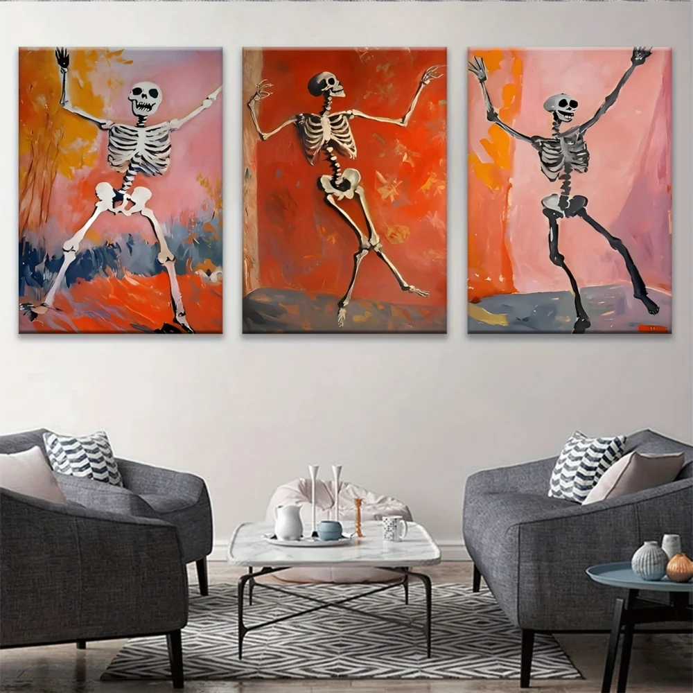 3pcs Halloween Skeleton Canvas Wall Art – Inset Wood Framed Spooky Skeleton Paintings - Image 3