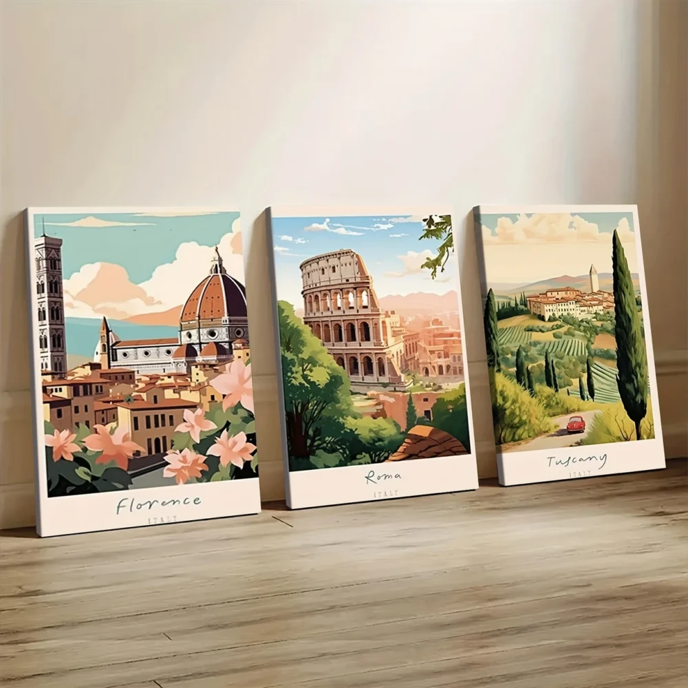 3pcs Art Deco Italian Landscape Canvas Wall Art – Wrapped Wood Frame Painting Set - Image 4