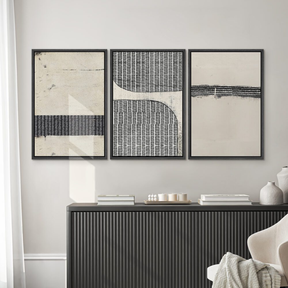Framed Abstract Canvas Set – Black & Tan Polygon Grunge Pattern Wall Art - Image 3