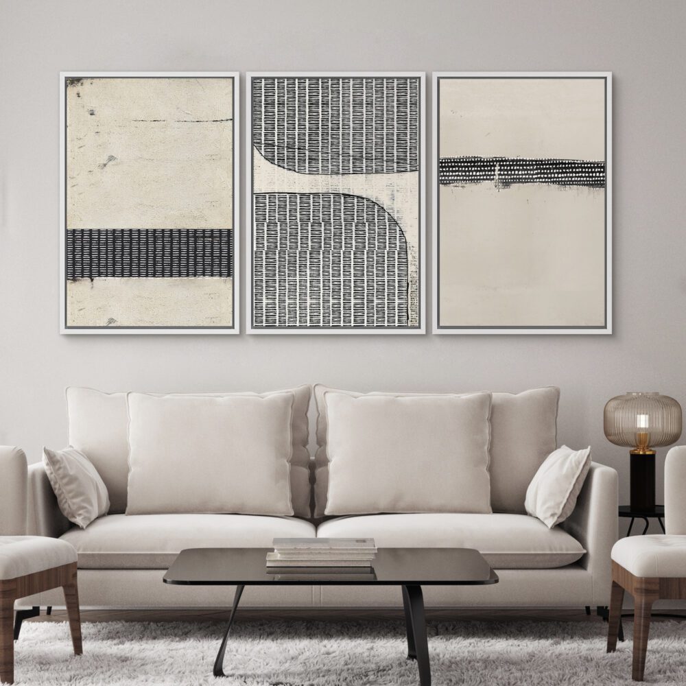 Framed Abstract Canvas Set – Black & Tan Polygon Grunge Pattern Wall Art - Image 7