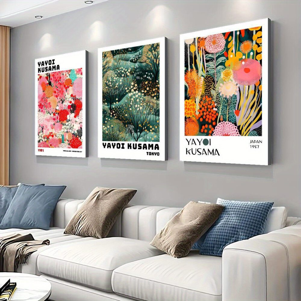 3pcs Ink Landscape & Floral Canvas Wall Art – Pine Wood Frame, Elegant Nature Design