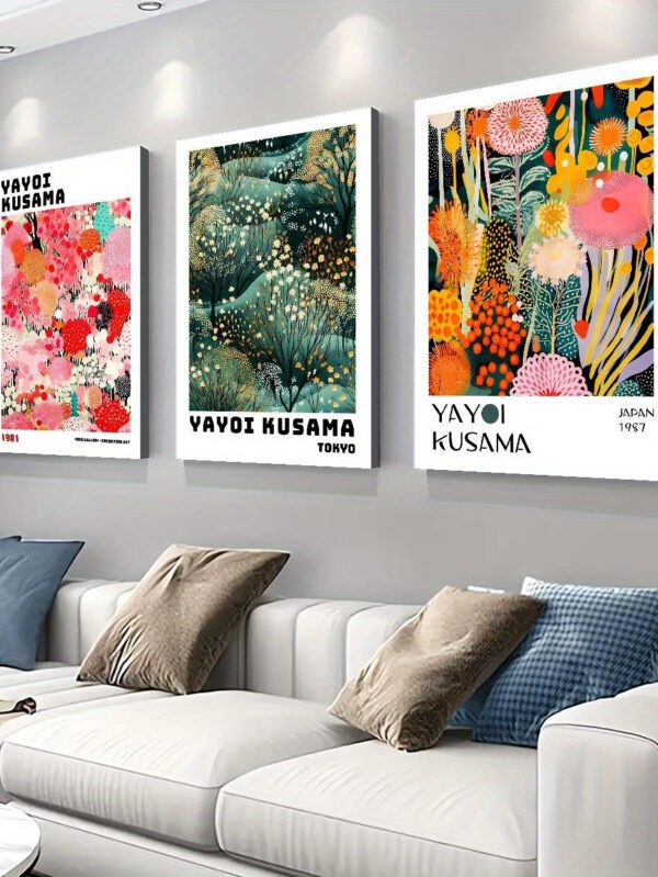 3pcs Ink Landscape & Floral Canvas Wall Art – Pine Wood Frame, Elegant Nature Design