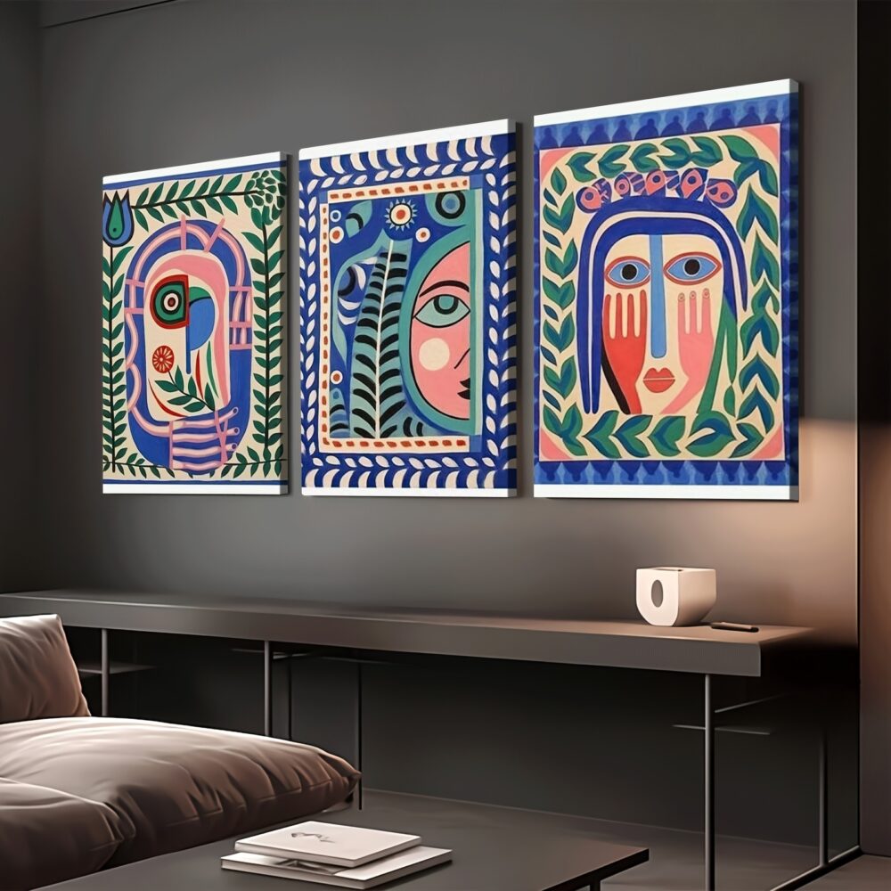 3pcs Folk Art Abstract Face Canvas Wall Art – Modern Art Deco Aesthetic Decor - Image 5