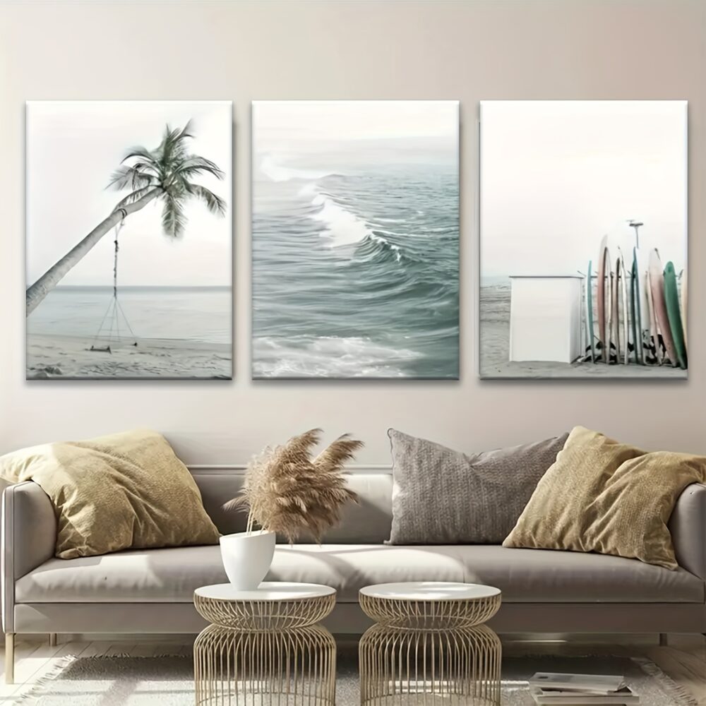 3pcs Palm Tree & Ocean Wave Canvas Wall Art – Surfboard & Wilderness Series - Image 6