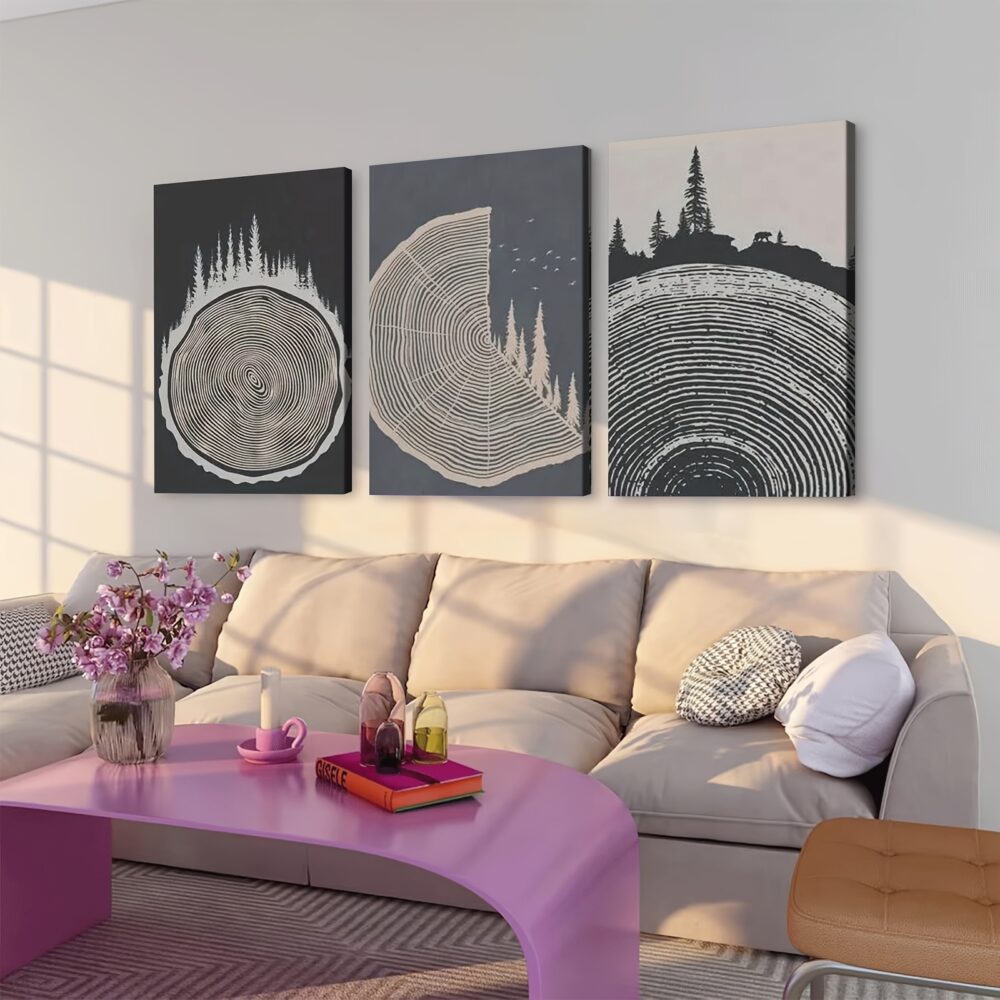 3pcs Framed Canvas Wall Art – Soft Grey Tree Rings Illustration in Modern Nordic Style - Image 5