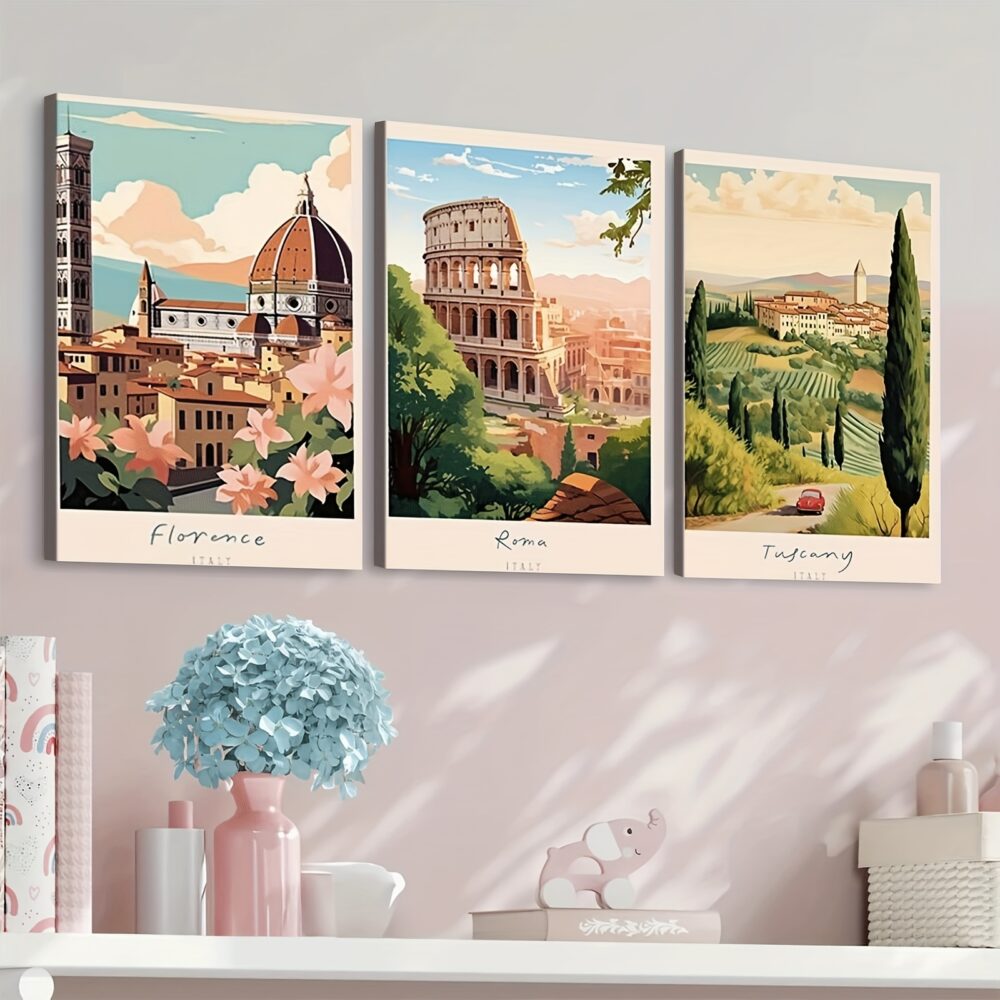3pcs Art Deco Italian Landscape Canvas Wall Art – Wrapped Wood Frame Painting Set - Image 7