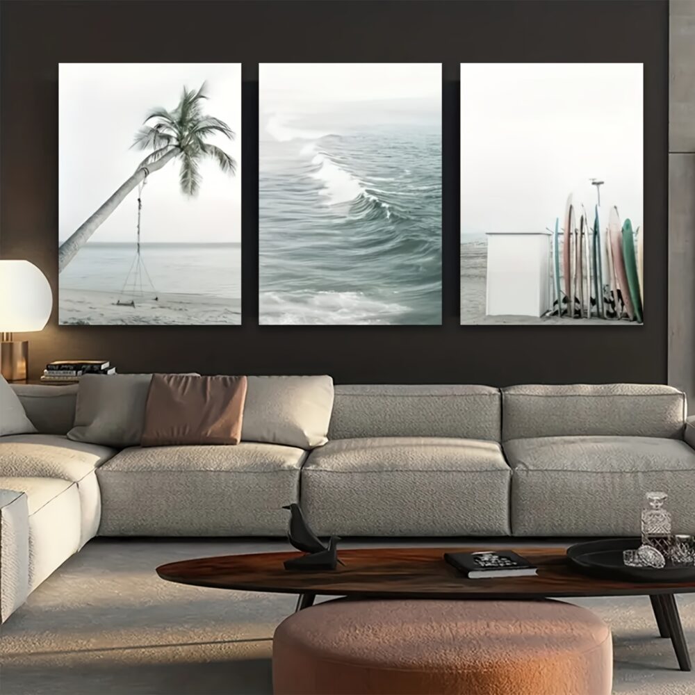 3pcs Palm Tree & Ocean Wave Canvas Wall Art – Surfboard & Wilderness Series