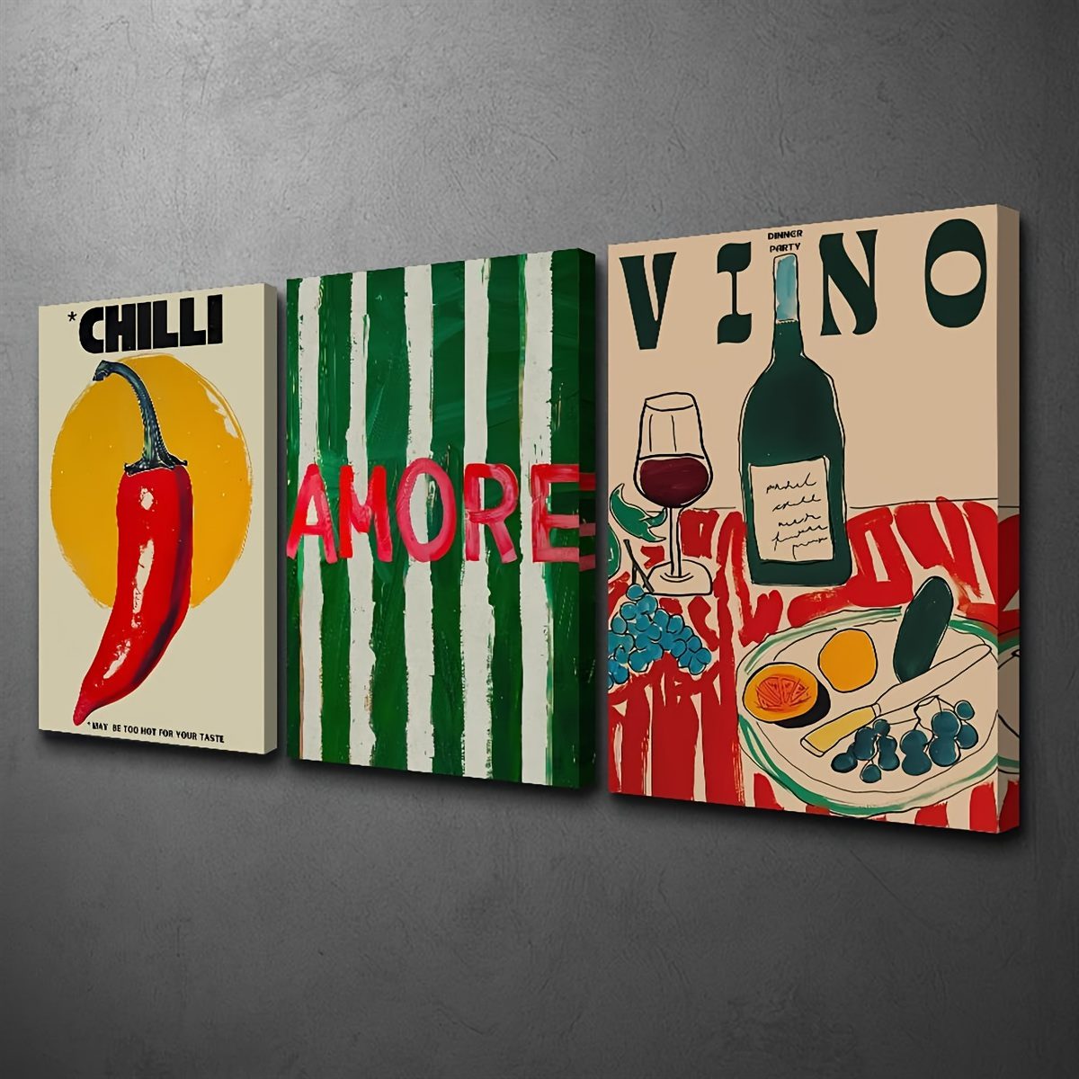3pcs Wood Frame Canvas Prints – Vintage Chili & Wine Dinner Decorative Posters - Image 4