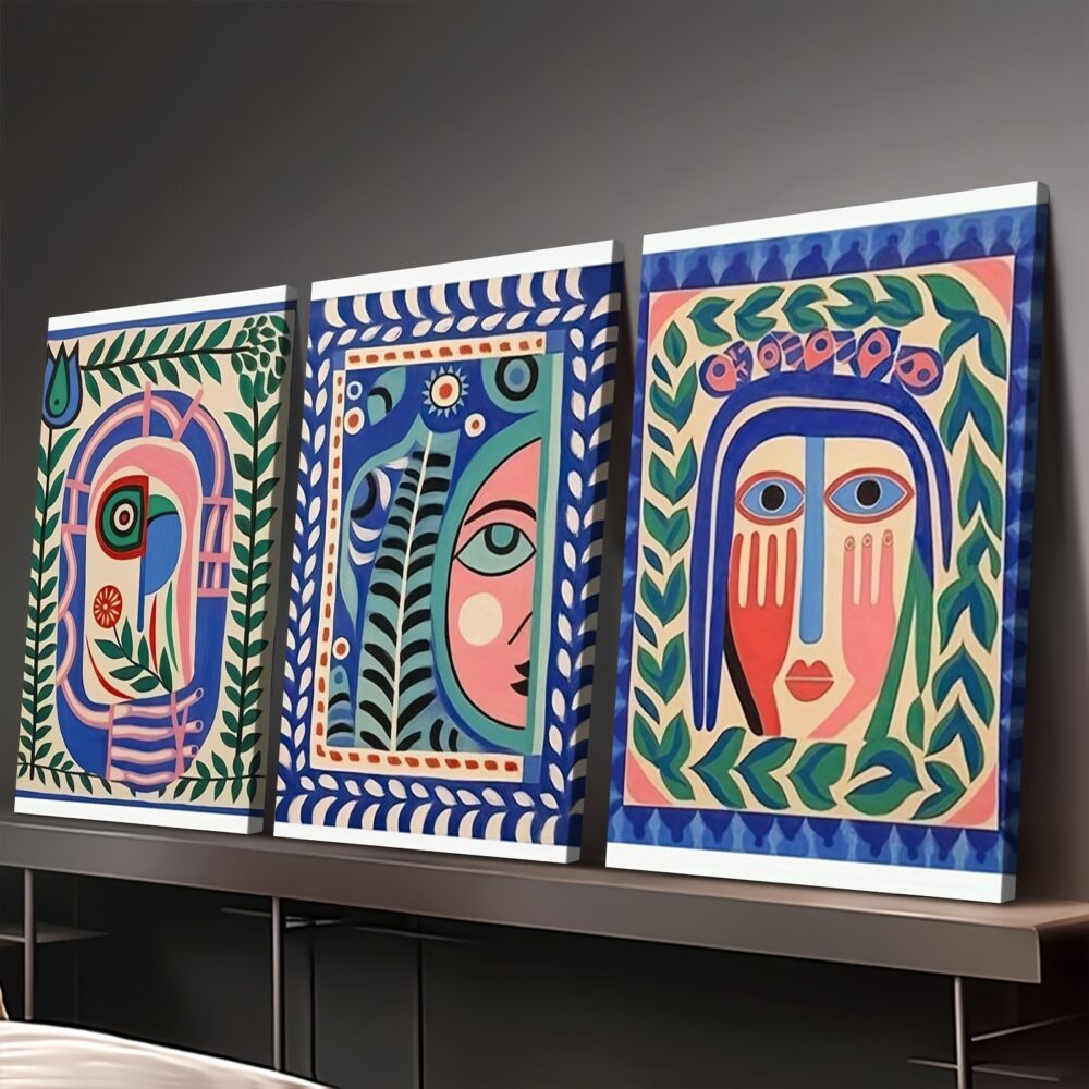 3pcs Folk Art Abstract Face Canvas Wall Art – Modern Art Deco Aesthetic Decor - Image 6