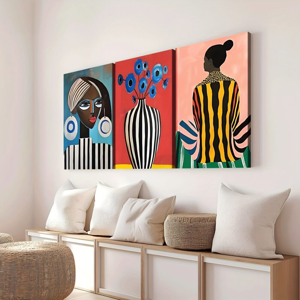 3pcs Boho Modern Art Canvas Set – Vase, Red Background, Abstract Typography with Wooden Frames