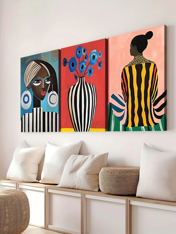 3pcs Boho Modern Art Canvas Set – Vase, Red Background, Abstract Typography with Wooden Frames