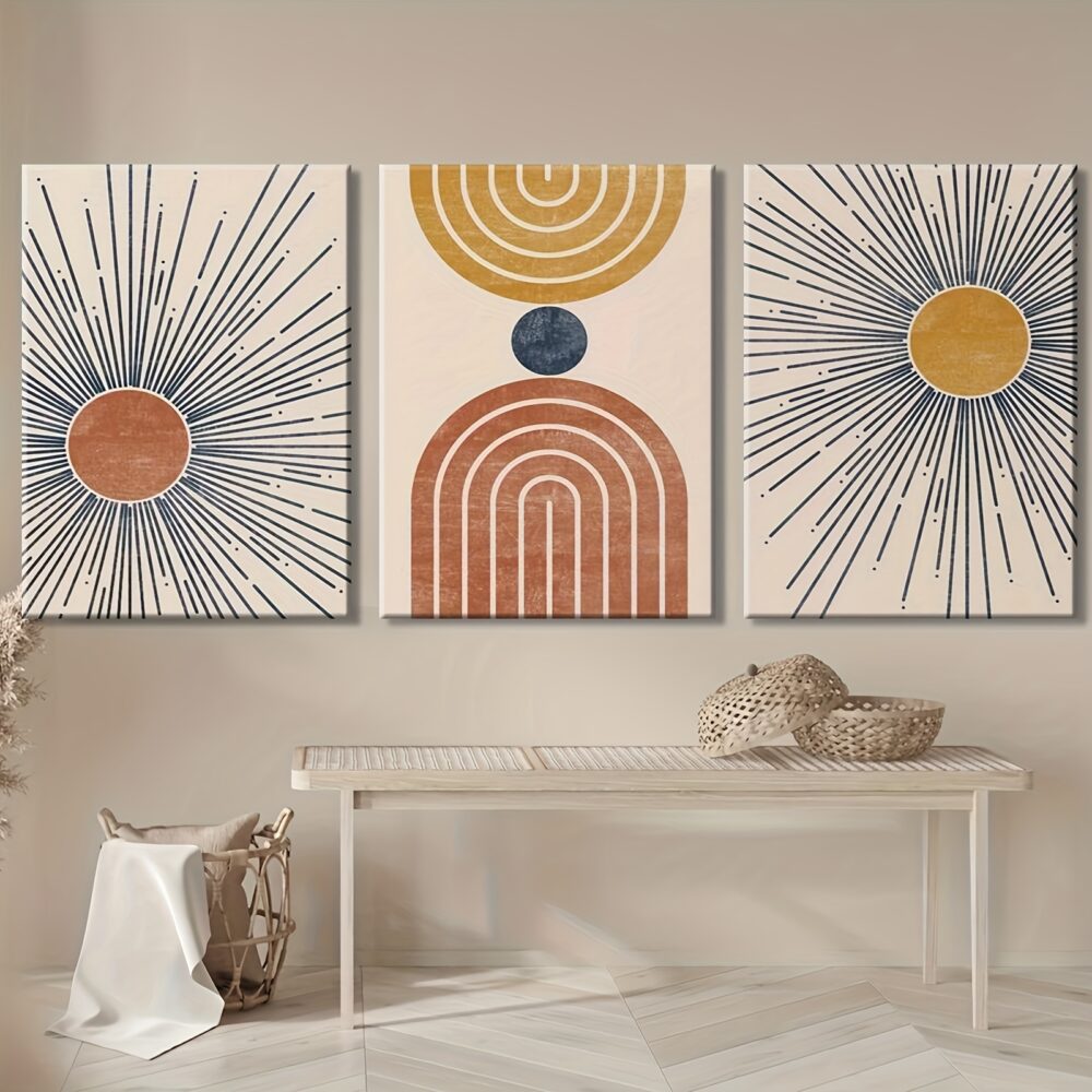 3pcs Inset Wood Framed Canvas Paintings – Minimalist Abstract Sun in Modern Boho Style - Image 2