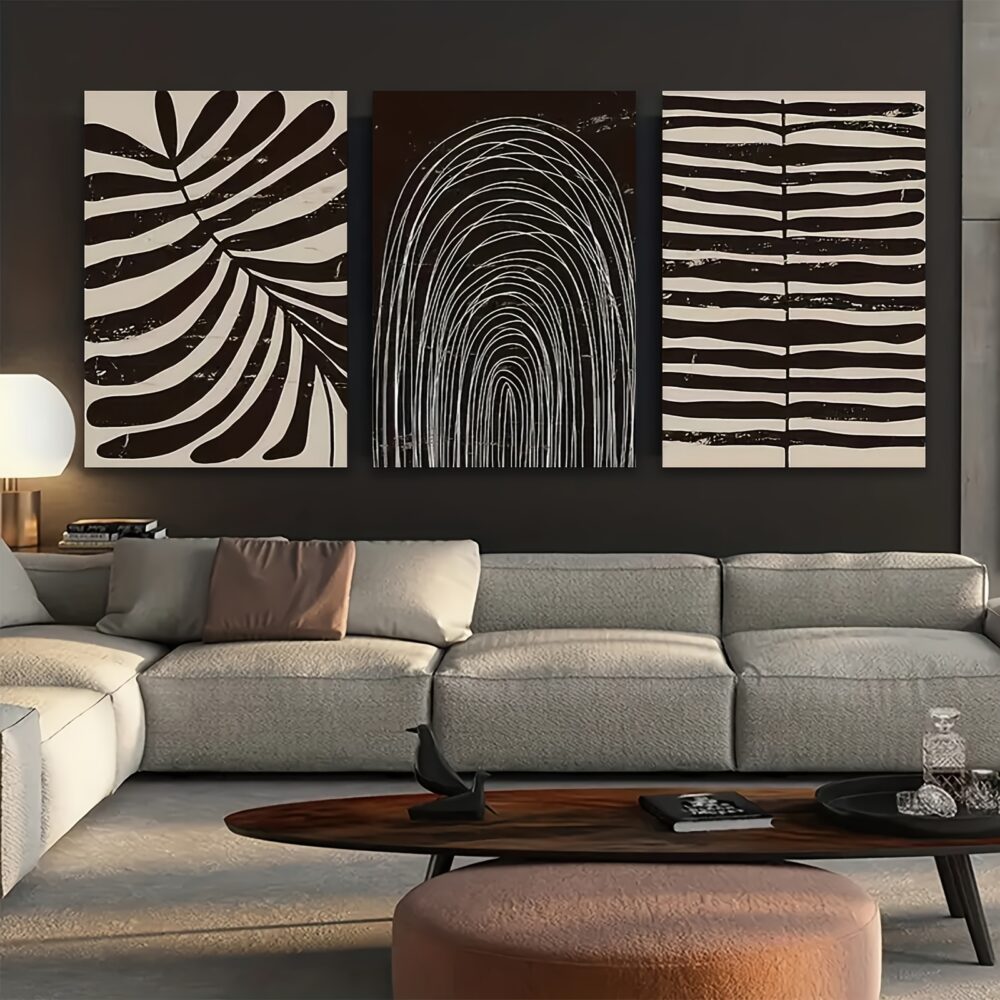 3pcs Wooden Framed Bohemian Wall Art – Minimalist Abstract Striped Canvas Prints