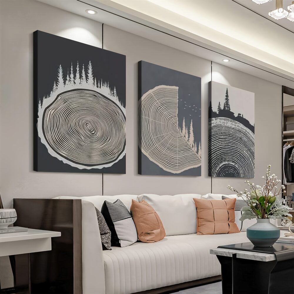 3pcs Framed Canvas Wall Art – Soft Grey Tree Rings Illustration in Modern Nordic Style