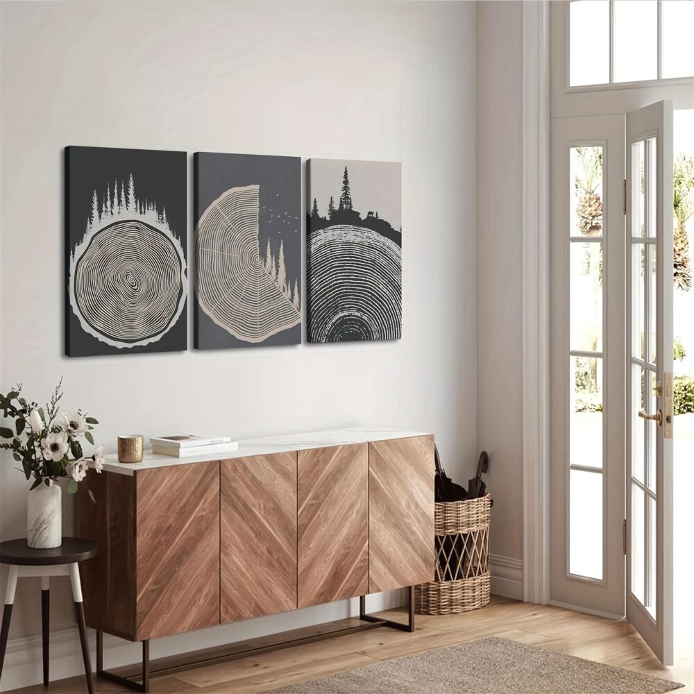 3pcs Framed Canvas Wall Art – Soft Grey Tree Rings Illustration in Modern Nordic Style - Image 4