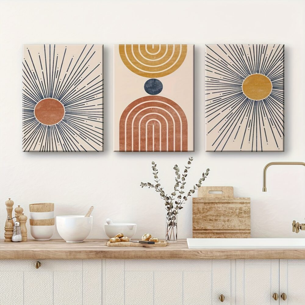 3pcs Inset Wood Framed Canvas Paintings – Minimalist Abstract Sun in Modern Boho Style