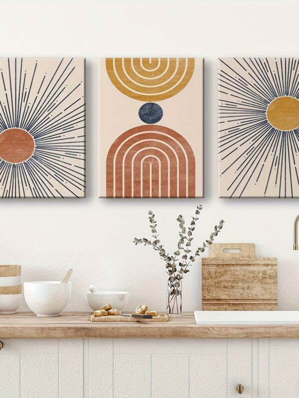 3pcs Inset Wood Framed Canvas Paintings – Minimalist Abstract Sun in Modern Boho Style