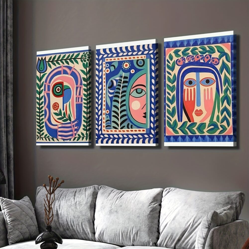 Folk Art Abstract Face Canvas Wall Art – Modern Art Deco Aesthetic Decor