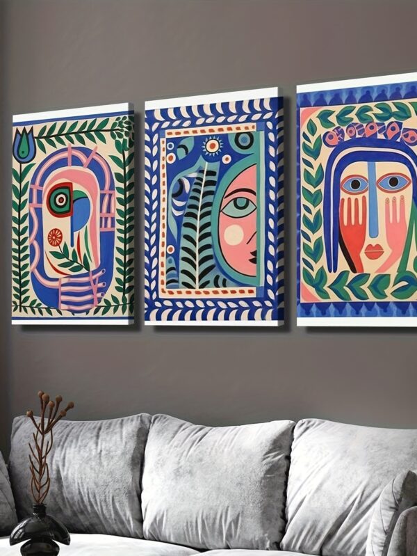 Folk Art Abstract Face Canvas Wall Art – Modern Art Deco Aesthetic Decor
