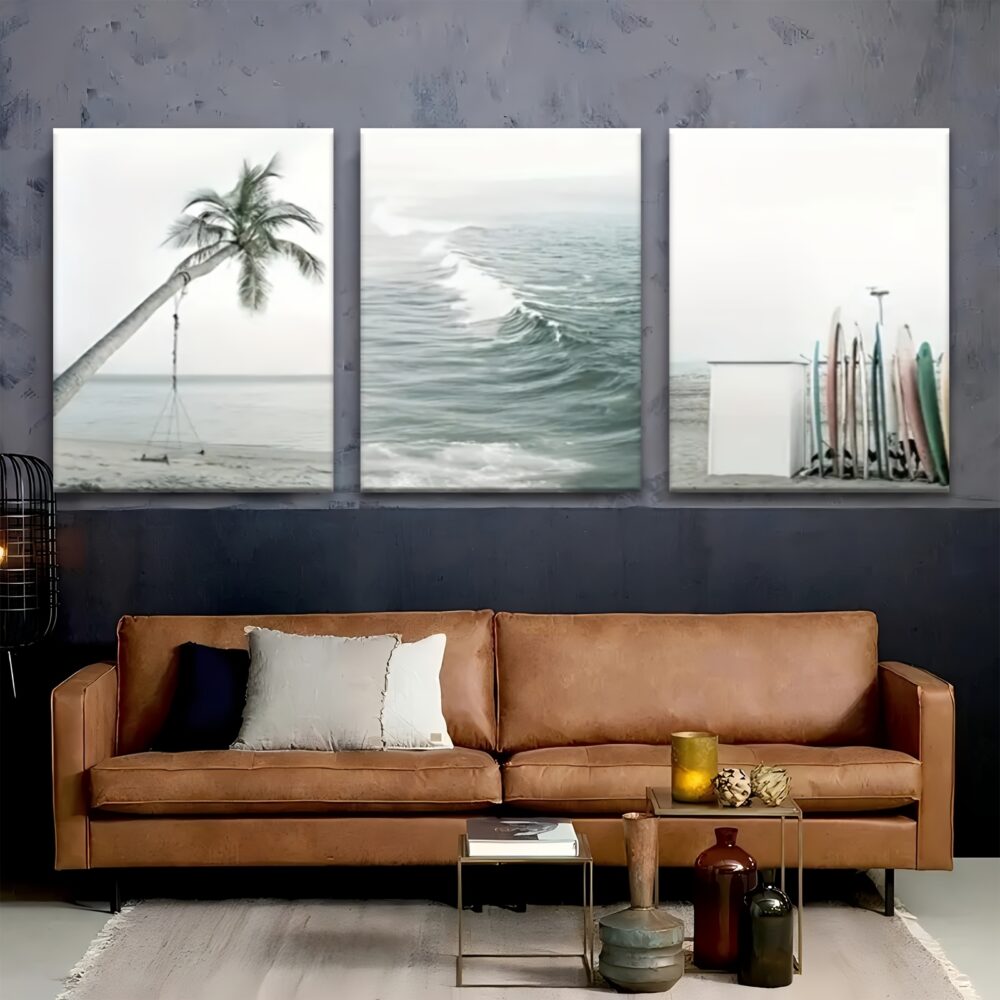 3pcs Palm Tree & Ocean Wave Canvas Wall Art – Surfboard & Wilderness Series - Image 8