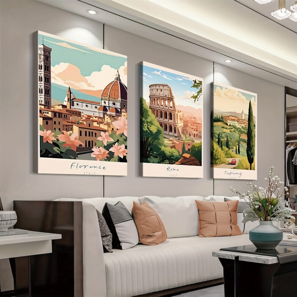 3pcs Art Deco Italian Landscape Canvas Wall Art – Wrapped Wood Frame Painting Set - Image 2