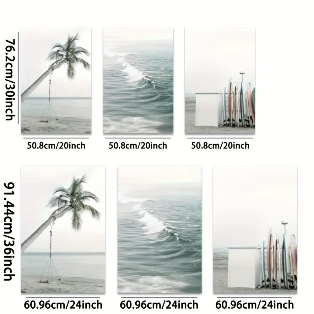 3pcs Palm Tree & Ocean Wave Canvas Wall Art – Surfboard & Wilderness Series - Image 5