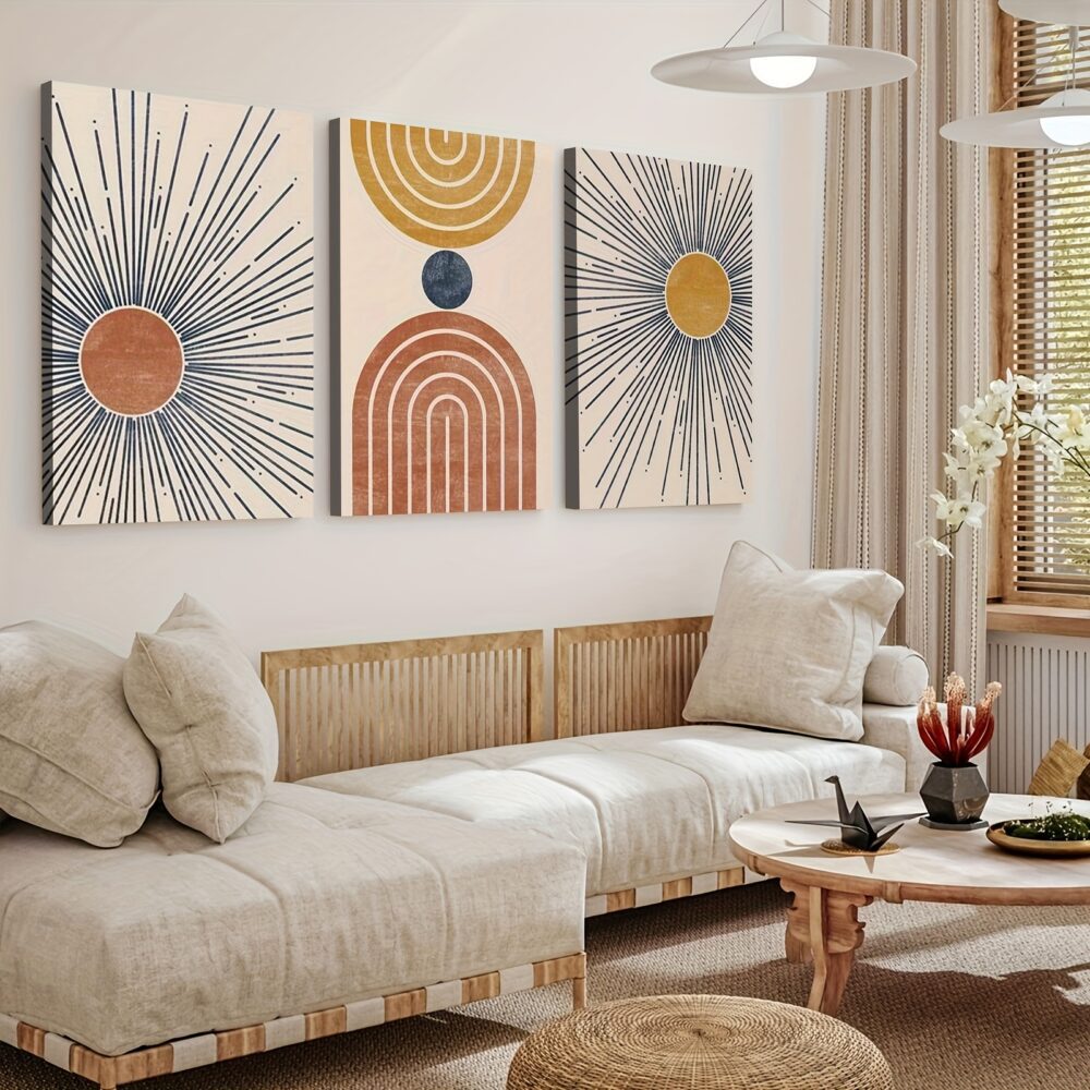 3pcs Inset Wood Framed Canvas Paintings – Minimalist Abstract Sun in Modern Boho Style - Image 3