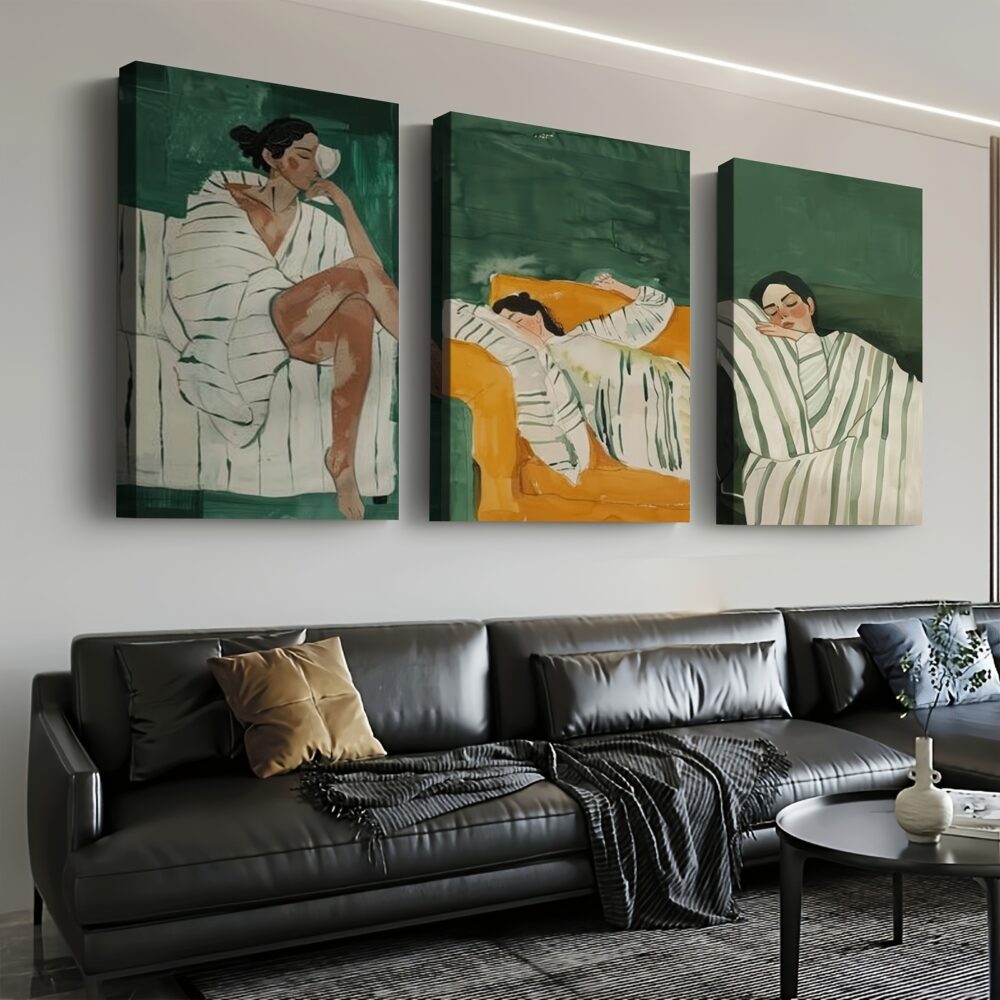 3pcs Green Abstract People Canvas Wall Art – Wrapped Wood Frame Painting Set - Image 2