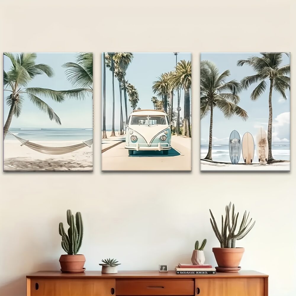 3pcs Wooden Framed Tropical Surfboard Wall Art – Aesthetic Canvas Prints