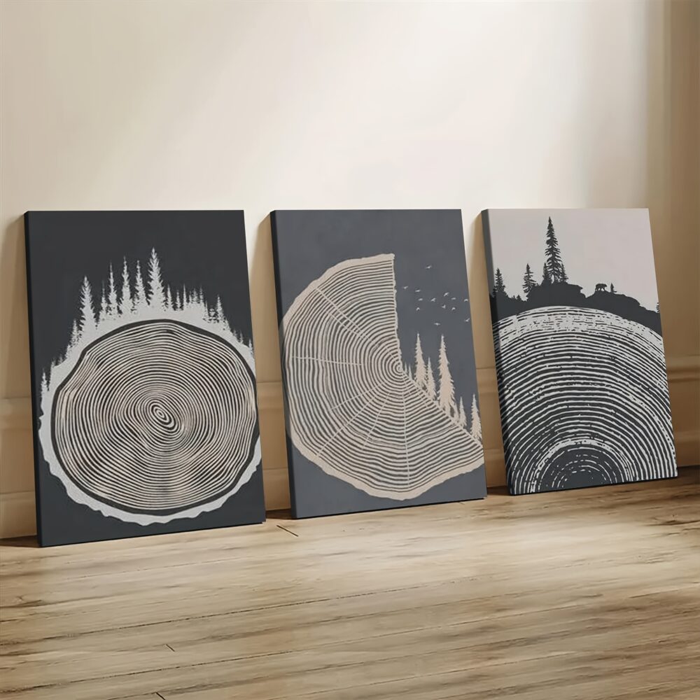 3pcs Framed Canvas Wall Art – Soft Grey Tree Rings Illustration in Modern Nordic Style - Image 2