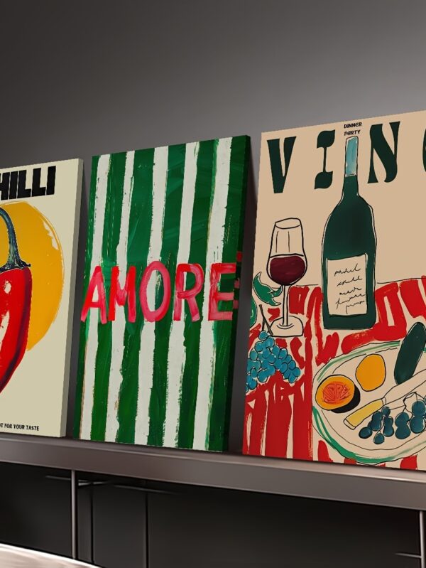 3pcs Wood Frame Canvas Prints – Vintage Chili & Wine Dinner Decorative Posters