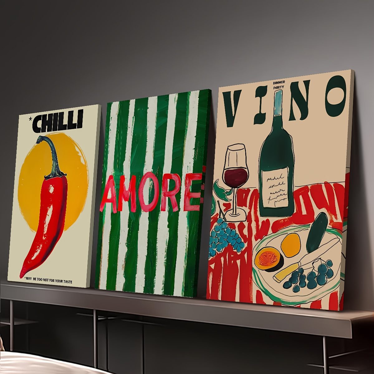 3pcs Wood Frame Canvas Prints – Vintage Chili & Wine Dinner Decorative Posters