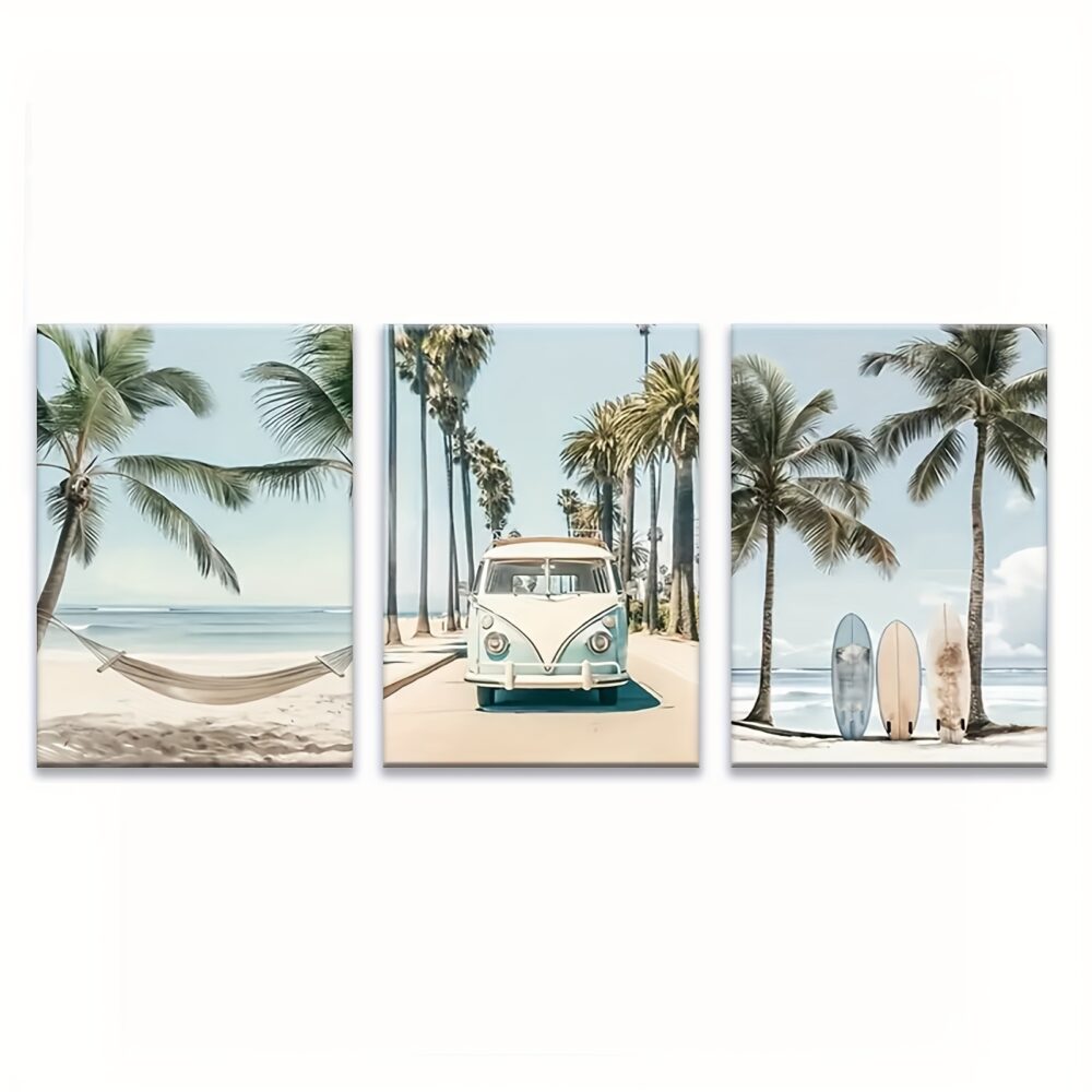 3pcs Wooden Framed Tropical Surfboard Wall Art – Aesthetic Canvas Prints - Image 3