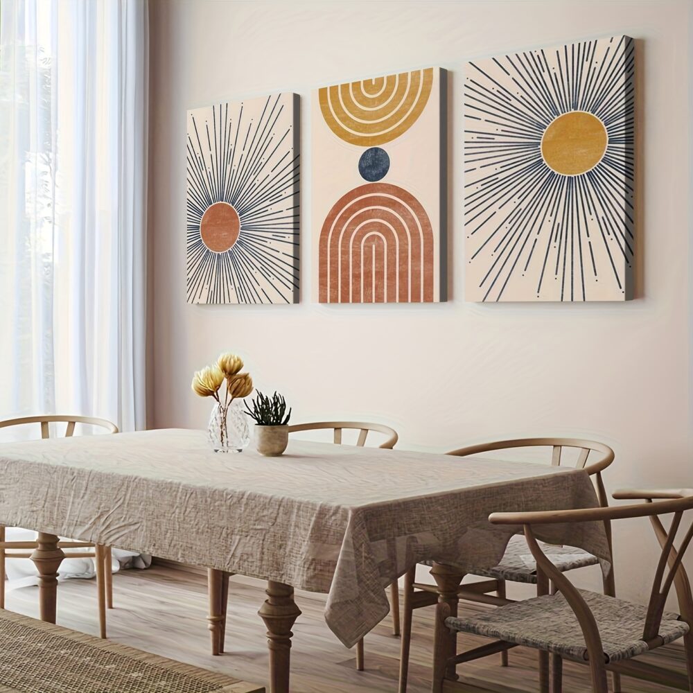 3pcs Inset Wood Framed Canvas Paintings – Minimalist Abstract Sun in Modern Boho Style - Image 6