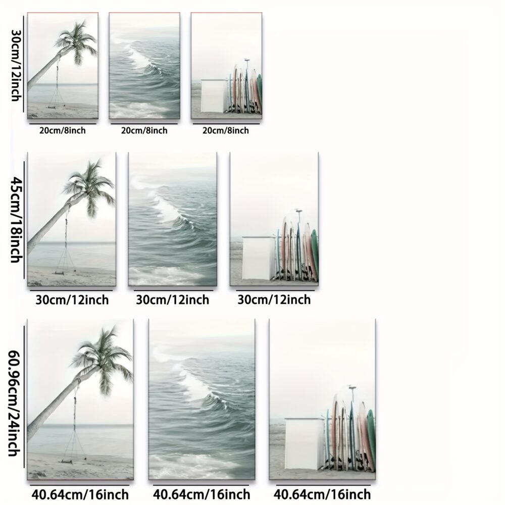 3pcs Palm Tree & Ocean Wave Canvas Wall Art – Surfboard & Wilderness Series - Image 4