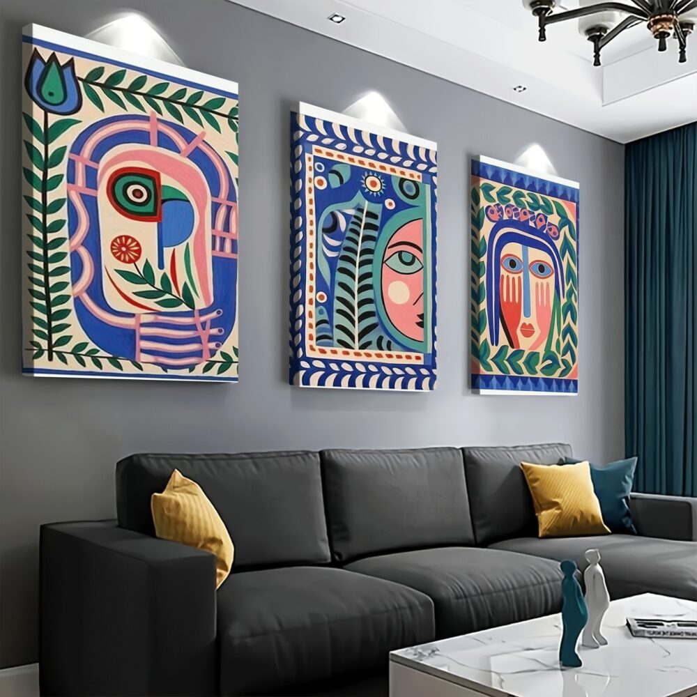 3pcs Folk Art Abstract Face Canvas Wall Art – Modern Art Deco Aesthetic Decor - Image 3