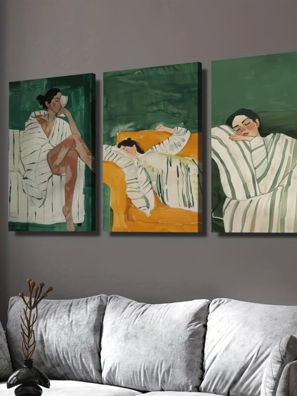 3pcs Green Abstract People Canvas Wall Art – Wrapped Wood Frame Painting Set