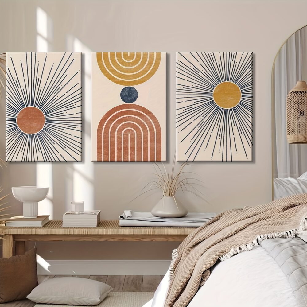 3pcs Inset Wood Framed Canvas Paintings – Minimalist Abstract Sun in Modern Boho Style - Image 7