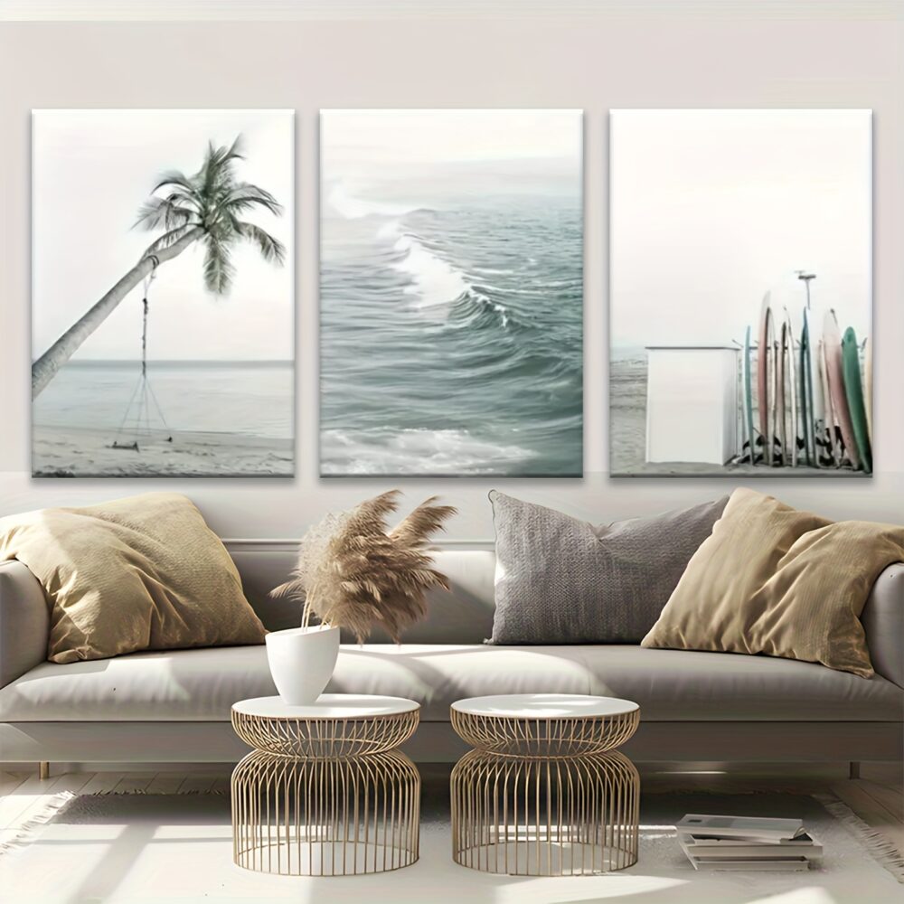 3pcs Palm Tree & Ocean Wave Canvas Wall Art – Surfboard & Wilderness Series - Image 7