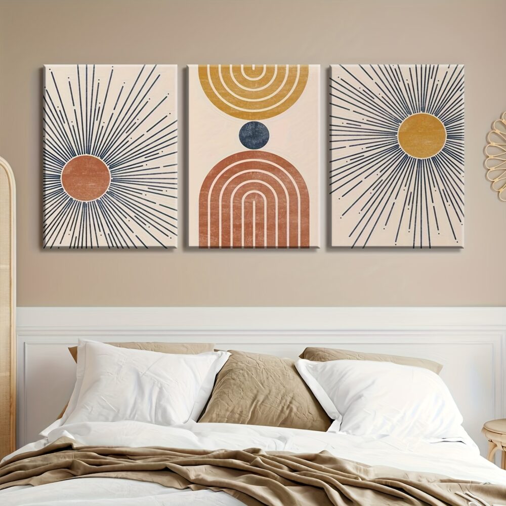 3pcs Inset Wood Framed Canvas Paintings – Minimalist Abstract Sun in Modern Boho Style - Image 5