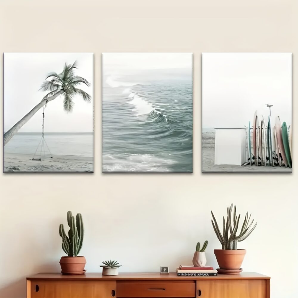 3pcs Palm Tree & Ocean Wave Canvas Wall Art – Surfboard & Wilderness Series - Image 2