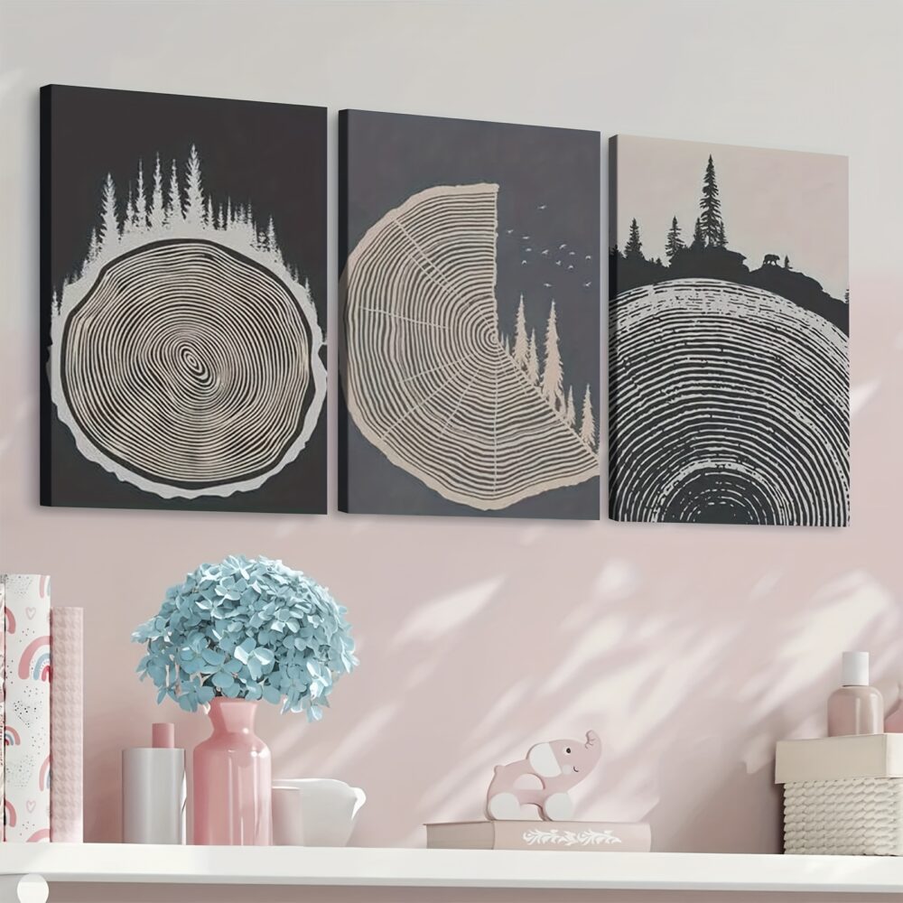 3pcs Framed Canvas Wall Art – Soft Grey Tree Rings Illustration in Modern Nordic Style - Image 6