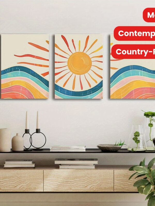 3pcs Century Abstract Landscape Canvas Art – Bohemian Sun Trio Wall Decoration