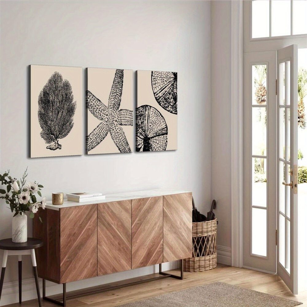 3pcs Wrapped Frame Canvas Wall Art – Bohemian Beach, Modern Abstract Starfish & Beach Cottage - Image 2
