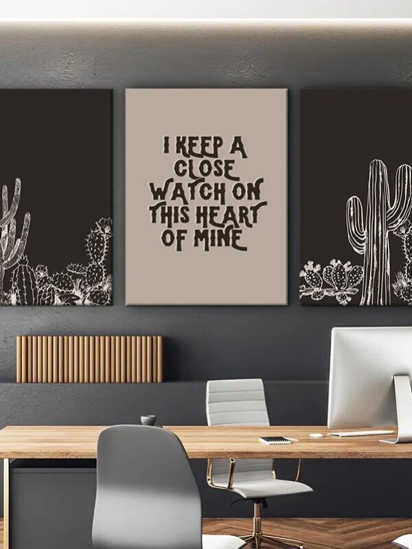 Minimalist Cactus Line Art – Wooden Frame Canvas Wall Print
