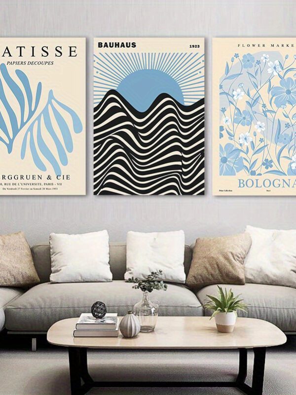 3 Piece Blue Flower Market Canvas Posters – Matisse Inspired Boho Blue Wall Art Prints