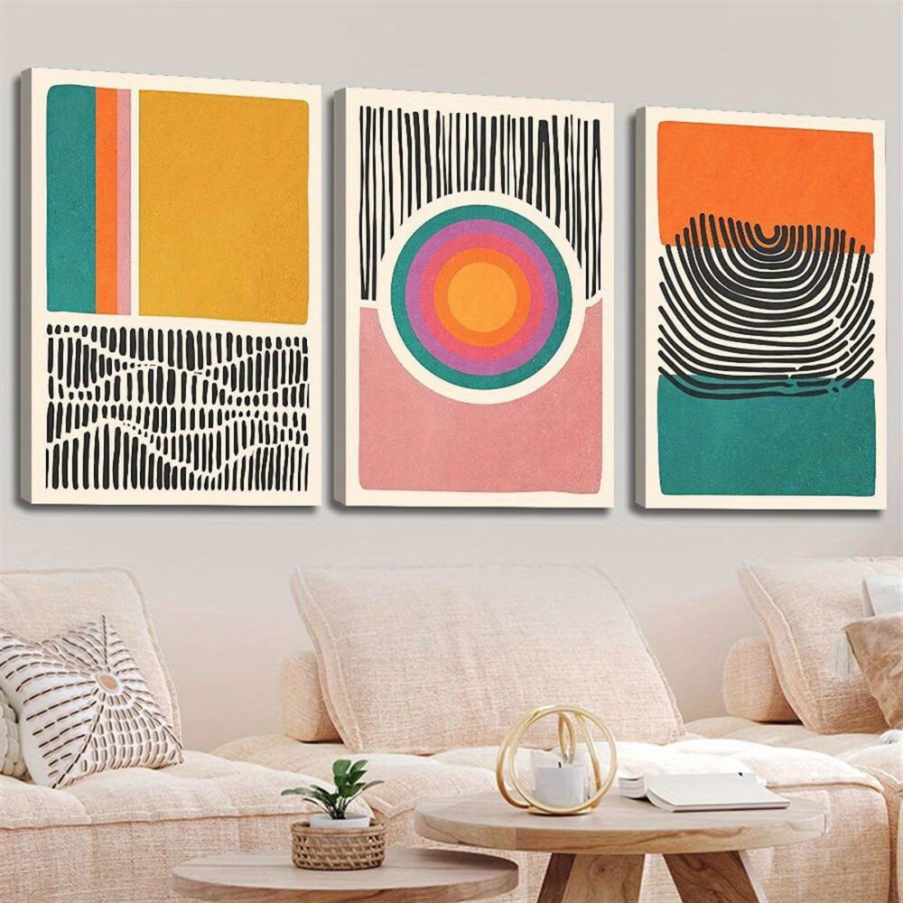 3pcs Abstract Shape Canvas Posters – Wood Framed Boho Minimalist Wall Art