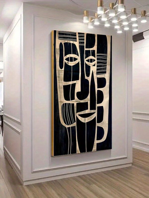 Modern African Tribal Mask Canvas Wall Art – Black & White with Gold Accents