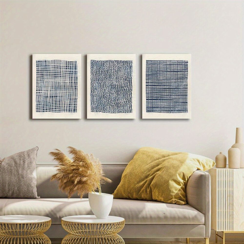 3pcs Navy Blue & White Geometric Canvas Wall Art – Bohemian Style Wrapped Set - Image 8